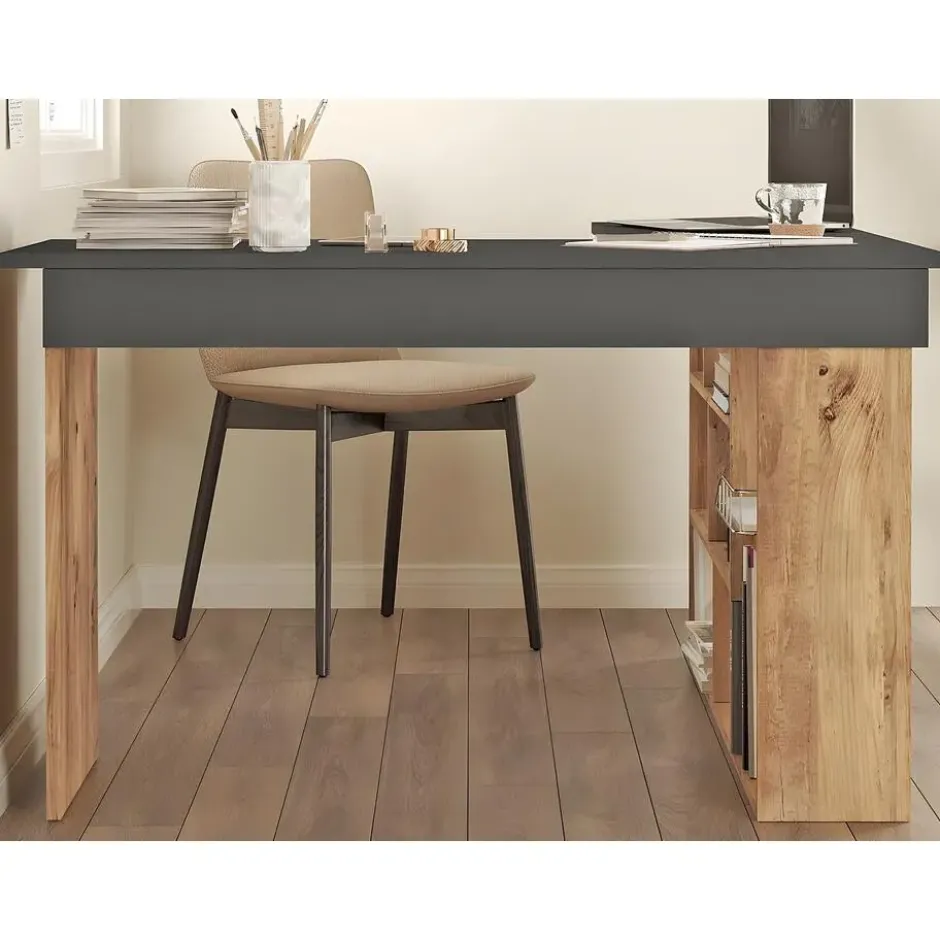 Bureau LILEUL - 129 cmx120 cmx72 cm - Antracietgrijs Natuurlijk licht Hout