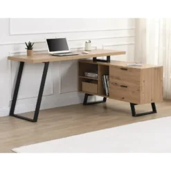 Bureau NAYARO - 150 cmx120 cmx75 cm - Zwart Natuurlijk licht Hout paneel