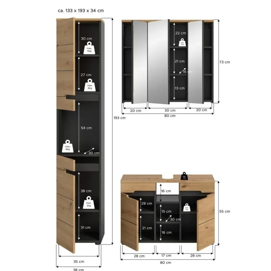 Calicosy - Badkamermeubelset ENO - Licht hout 133x34x193 cm