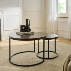 Calicosy - LENNY Set van 2 ronde salontafels - Eiken - 70x70x45,5 cm