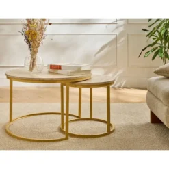 Calicosy - LENNY Set van 2 ronde salontafels - Eiken - 70x70x45,5 cm