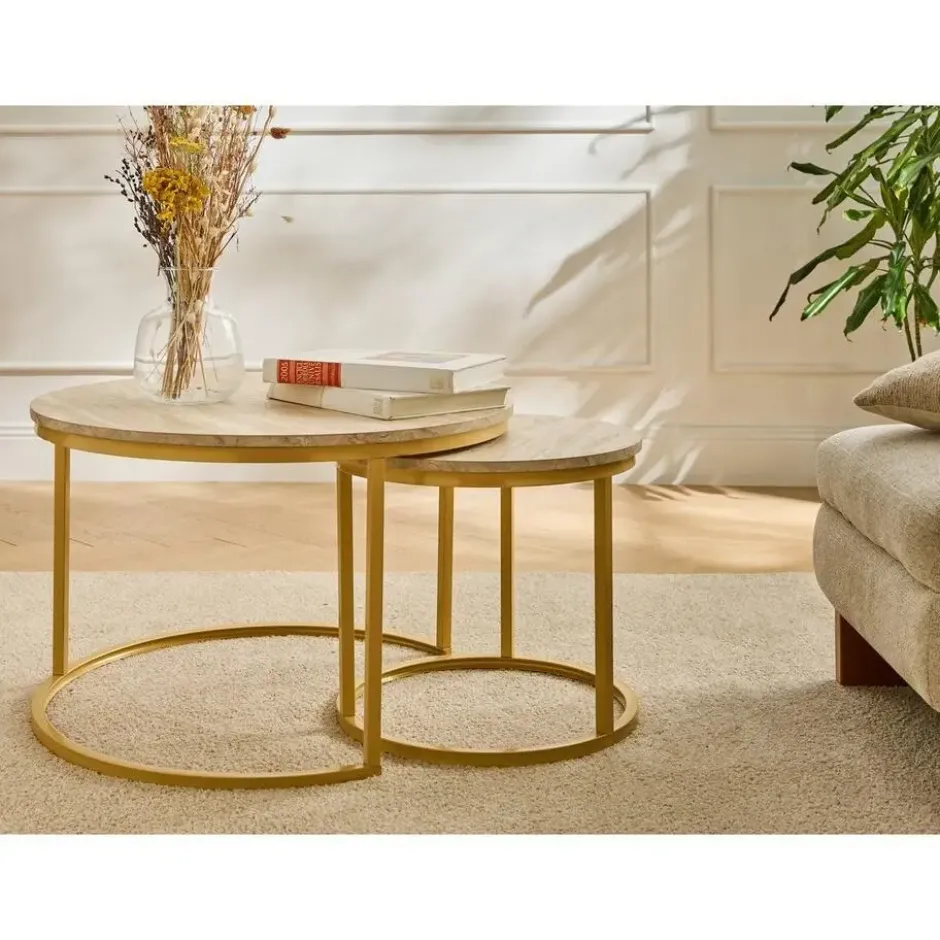 Calicosy - LENNY Set van 2 ronde salontafels - Eiken - 70x70x45,5 cm
