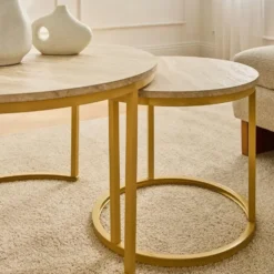 Calicosy - LENNY Set van 2 ronde salontafels - Eiken - 70x70x45,5 cm