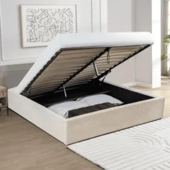 CALICOSY - Opbergbed bekleed met fluweel ROMY - Beige - 170x214x36,5 cm