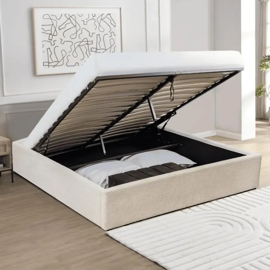 CALICOSY - Opbergbed bekleed met fluweel ROMY - Beige - 170x214x36,5 cm