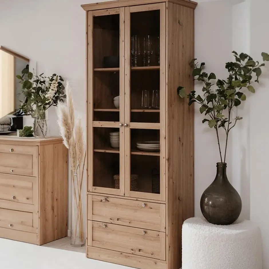 CALICOSY - Vitrinekast met 2 glazen deuren TIMBER - Eikenhout - 45x80x200 cm