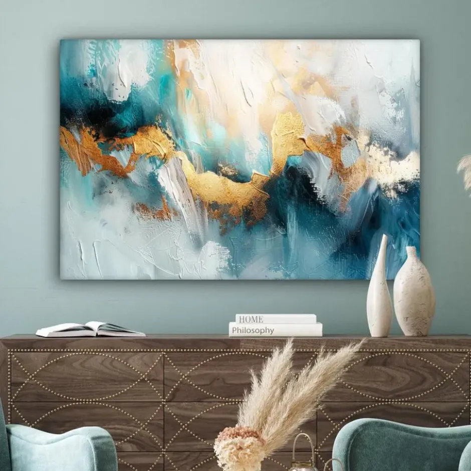 Canvas Schilderij 120x80 cm Abstract - Kunst - Gold - Blauw