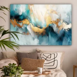 Canvas Schilderij 120x80 cm Abstract - Kunst - Gold - Blauw