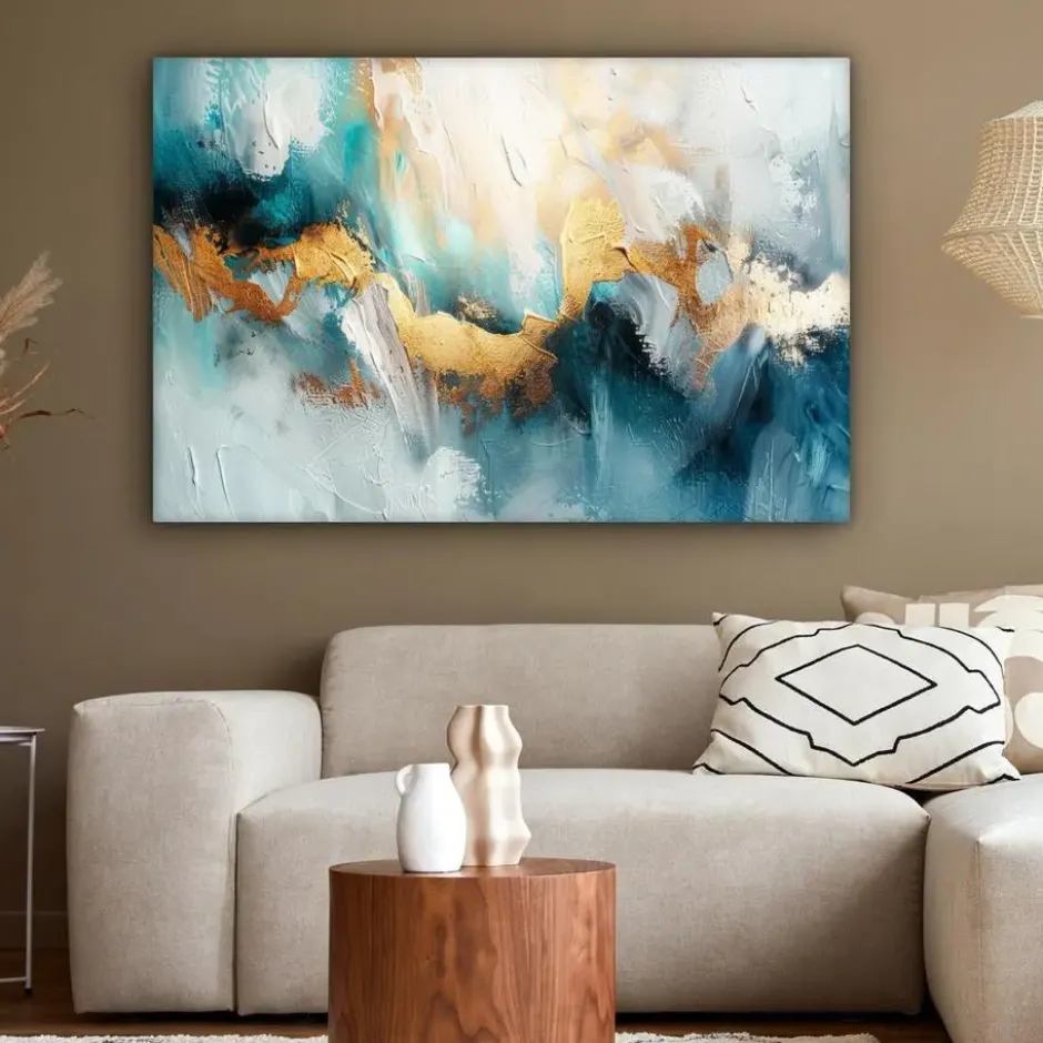Canvas Schilderij 120x80 cm Abstract - Kunst - Gold - Blauw