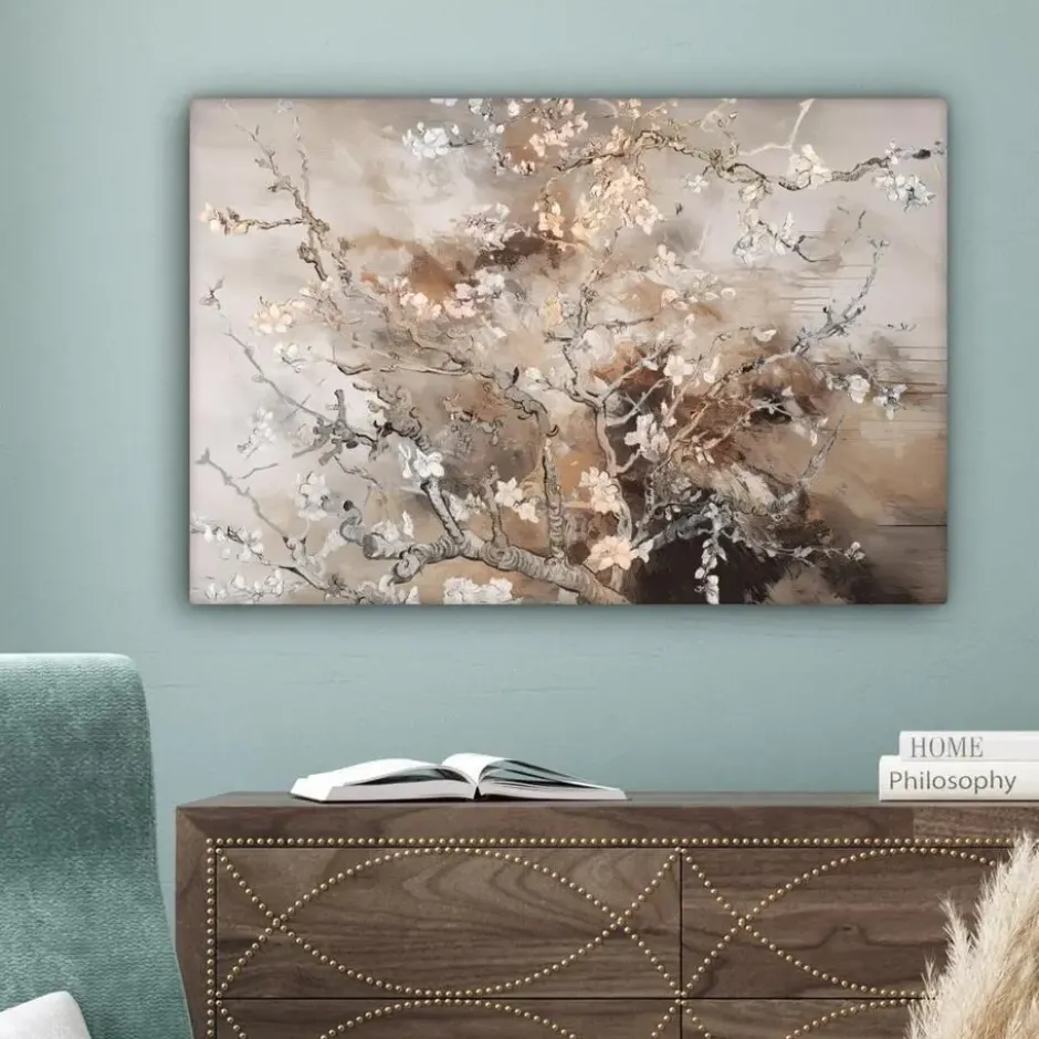 Canvas Schilderij 60x40 cm Amandelbloesem - Kunst - Van Gogh - Beige - Abstract