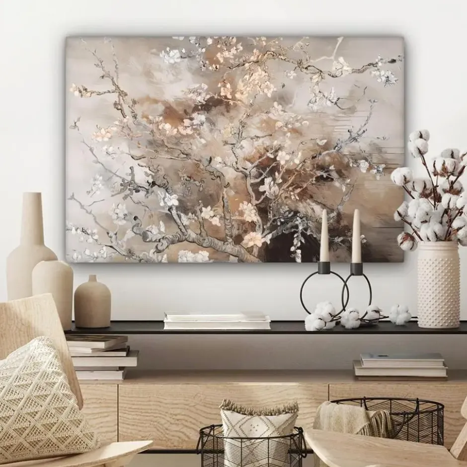 Canvas Schilderij 60x40 cm Amandelbloesem - Kunst - Van Gogh - Beige - Abstract