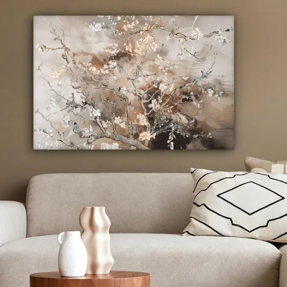 Canvas Schilderij 60x40 cm Amandelbloesem - Kunst - Van Gogh - Beige - Abstract