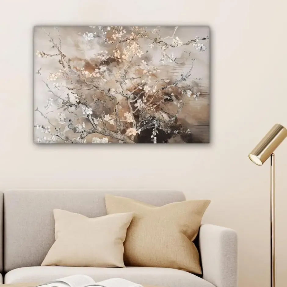 Canvas Schilderij 60x40 cm Amandelbloesem - Kunst - Van Gogh - Beige - Abstract