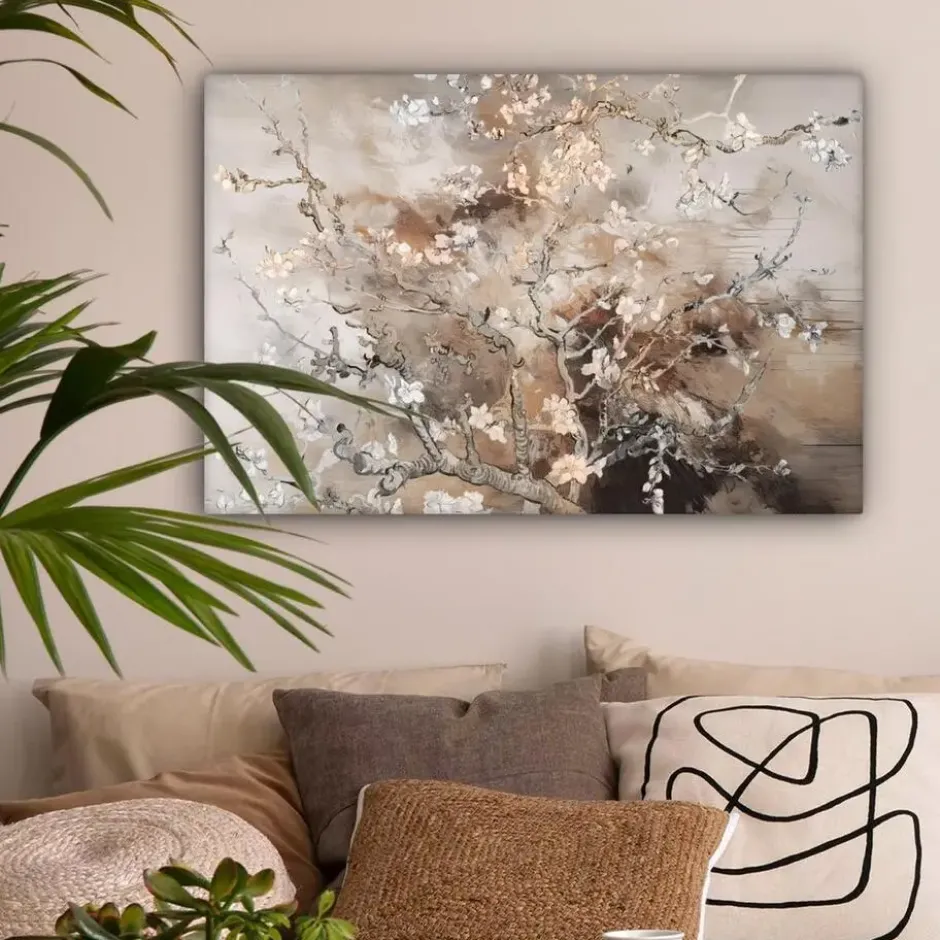 Canvas Schilderij 60x40 cm Amandelbloesem - Kunst - Van Gogh - Beige - Abstract