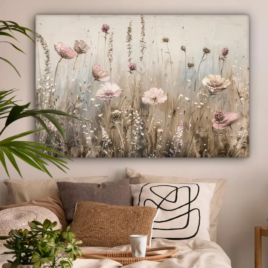 Canvas Schilderij 120x80 cm Bloemen - Roze - Modern - Beige