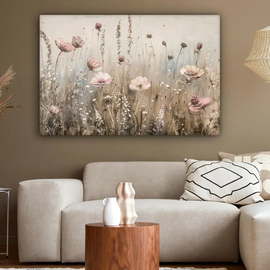Canvas Schilderij 120x80 cm Bloemen - Roze - Modern - Beige