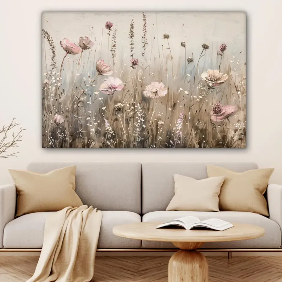 Canvas Schilderij 120x80 cm Bloemen - Roze - Modern - Beige