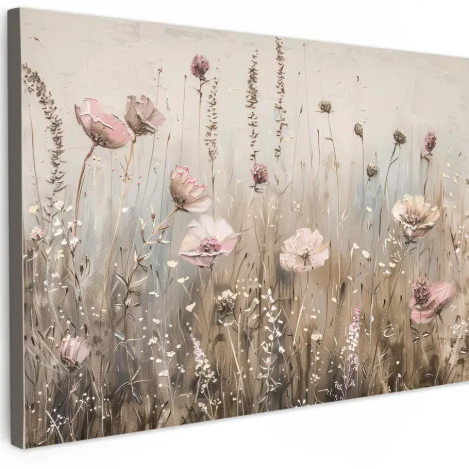 Canvas Schilderij 90x60 cm Bloemen - Roze - Modern - Beige