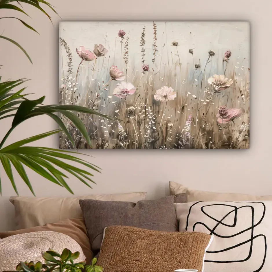 Canvas Schilderij 90x60 cm Bloemen - Roze - Modern - Beige