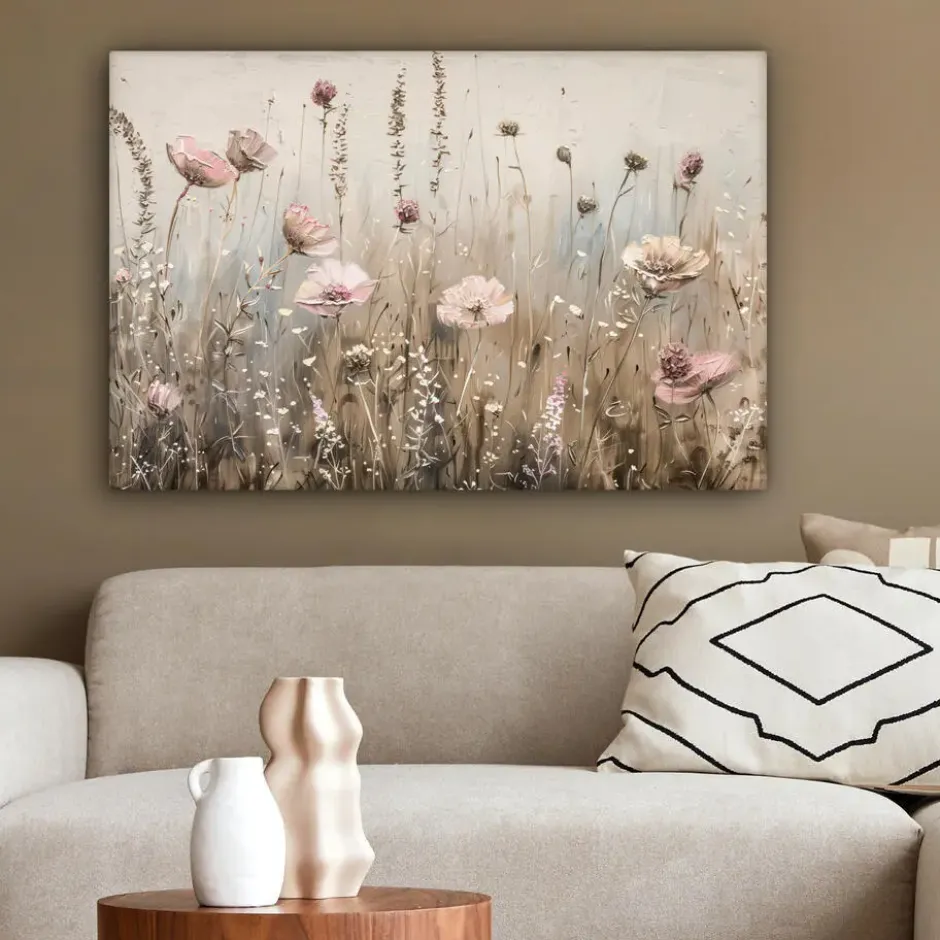 Canvas Schilderij 90x60 cm Bloemen - Roze - Modern - Beige