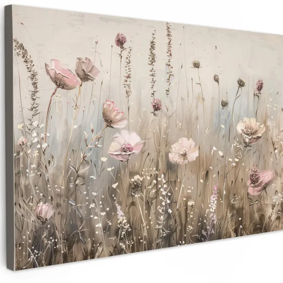 Canvas Schilderij 60x40 cm Bloemen - Roze - Modern - Beige