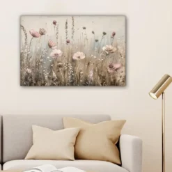 Canvas Schilderij 60x40 cm Bloemen - Roze - Modern - Beige