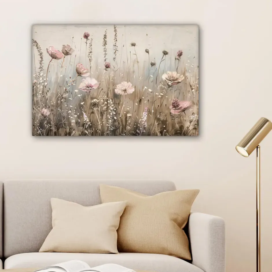 Canvas Schilderij 60x40 cm Bloemen - Roze - Modern - Beige