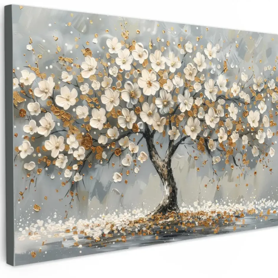Canvas Schilderij 120x80 cm Boom - Bloemen - Wit - Natuur - Kunst