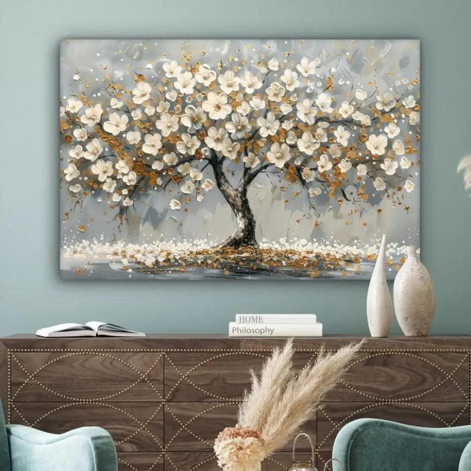 Canvas Schilderij 120x80 cm Boom - Bloemen - Wit - Natuur - Kunst