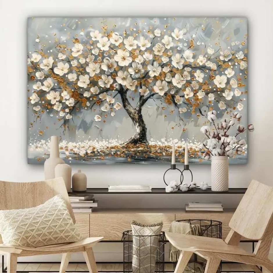 Canvas Schilderij 120x80 cm Boom - Bloemen - Wit - Natuur - Kunst