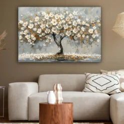 Canvas Schilderij 120x80 cm Boom - Bloemen - Wit - Natuur - Kunst