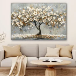 Canvas Schilderij 120x80 cm Boom - Bloemen - Wit - Natuur - Kunst