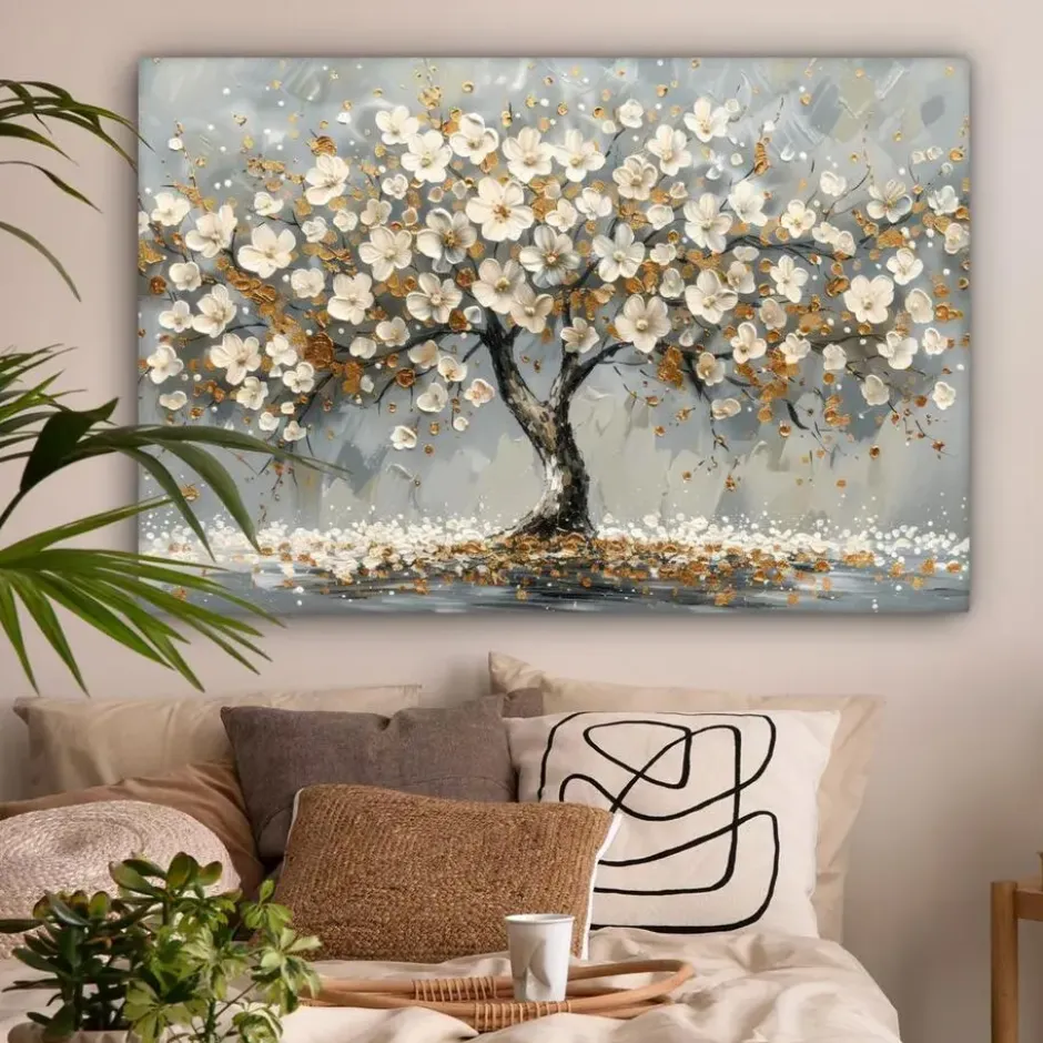 Canvas Schilderij 120x80 cm Boom - Bloemen - Wit - Natuur - Kunst
