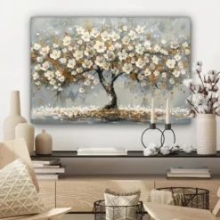Canvas Schilderij 90x60 cm Boom - Bloemen - Wit - Natuur - Kunst