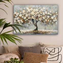 Canvas Schilderij 90x60 cm Boom - Bloemen - Wit - Natuur - Kunst