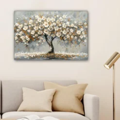 Canvas Schilderij 90x60 cm Boom - Bloemen - Wit - Natuur - Kunst