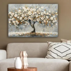 Canvas Schilderij 60x40 cm Boom - Bloemen - Wit - Natuur - Kunst