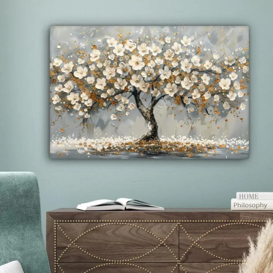 Canvas Schilderij 60x40 cm Boom - Bloemen - Wit - Natuur - Kunst