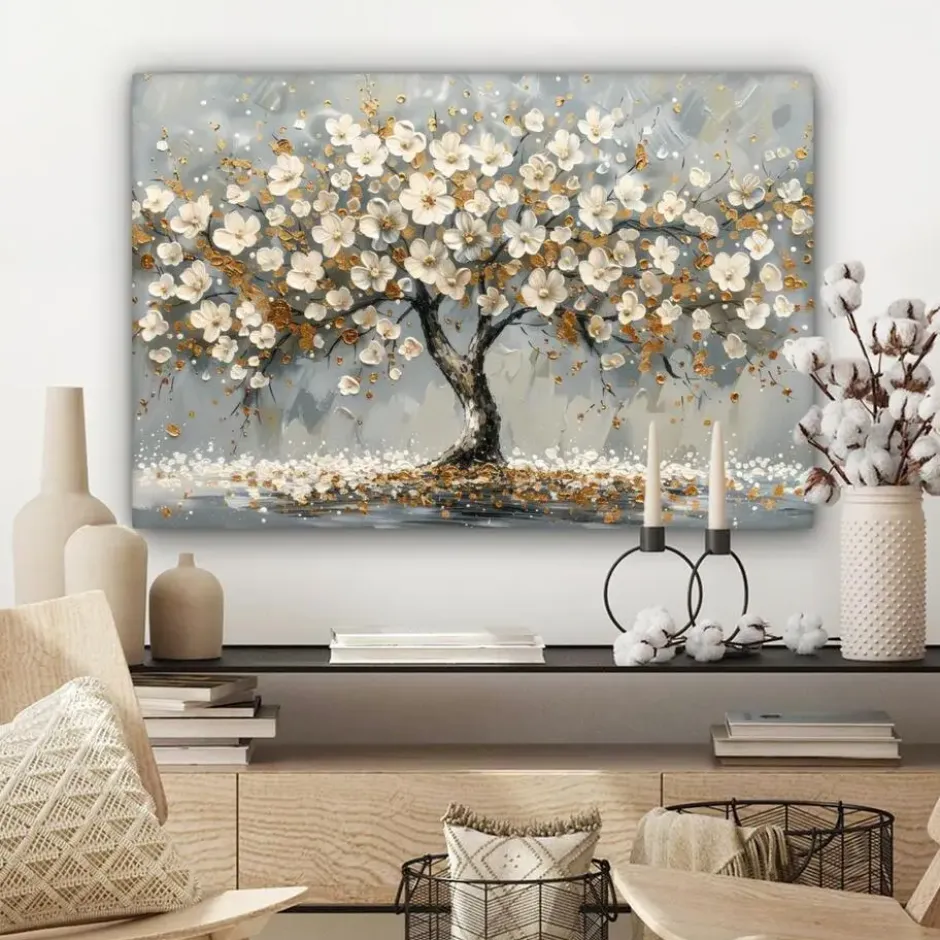 Canvas Schilderij 60x40 cm Boom - Bloemen - Wit - Natuur - Kunst