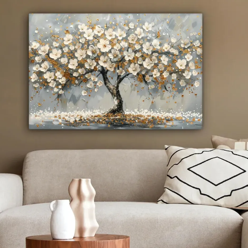 Canvas Schilderij 60x40 cm Boom - Bloemen - Wit - Natuur - Kunst