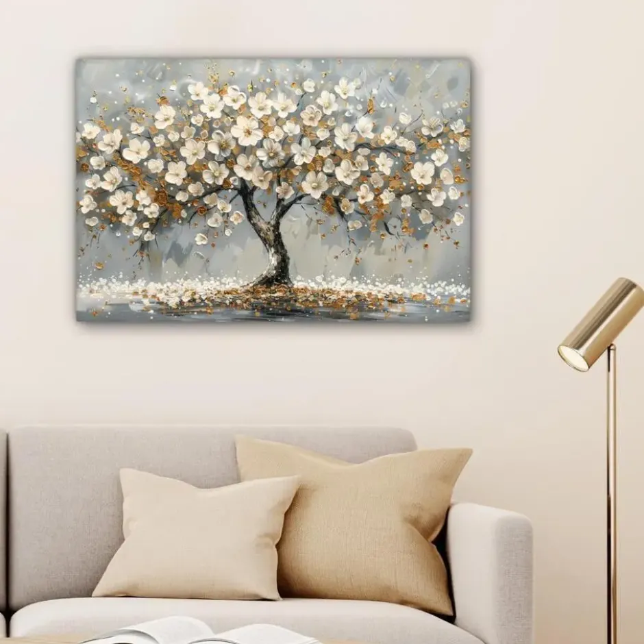 Canvas Schilderij 60x40 cm Boom - Bloemen - Wit - Natuur - Kunst