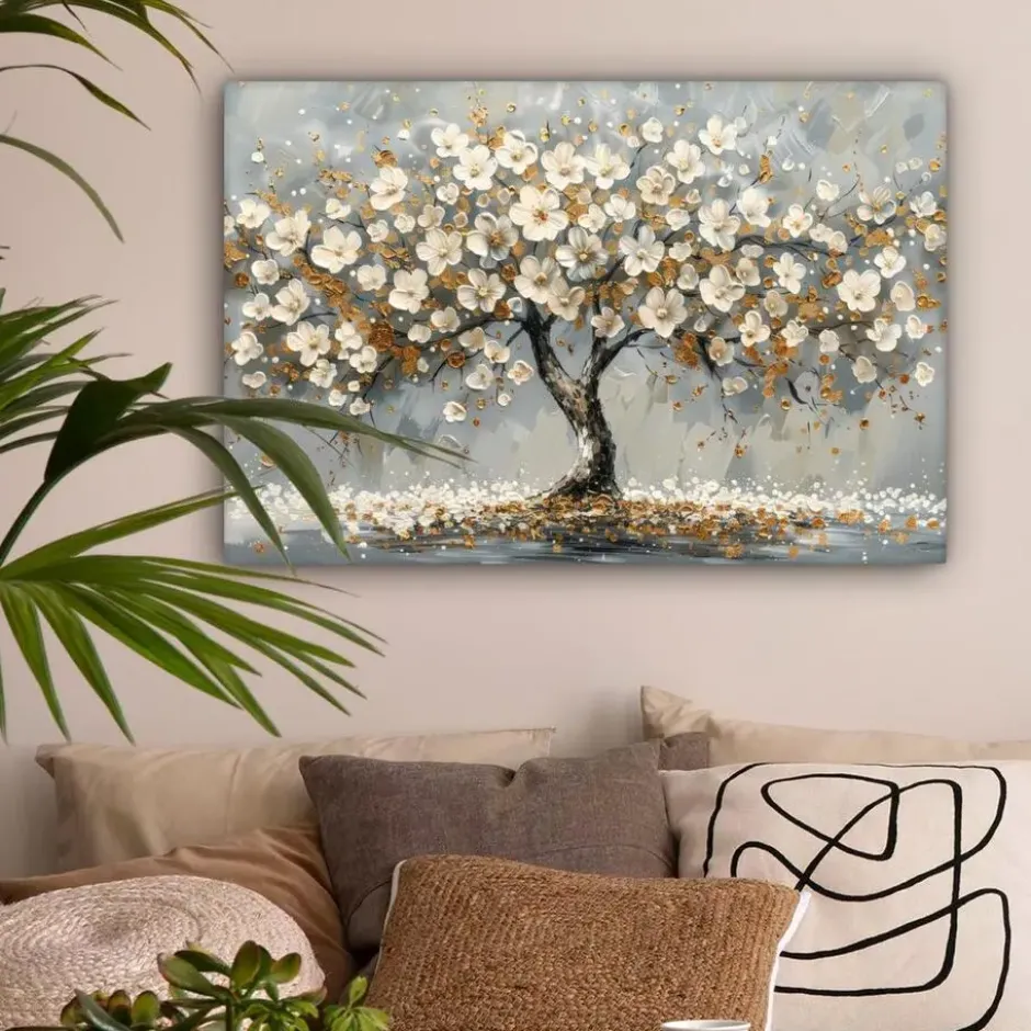 Canvas Schilderij 60x40 cm Boom - Bloemen - Wit - Natuur - Kunst