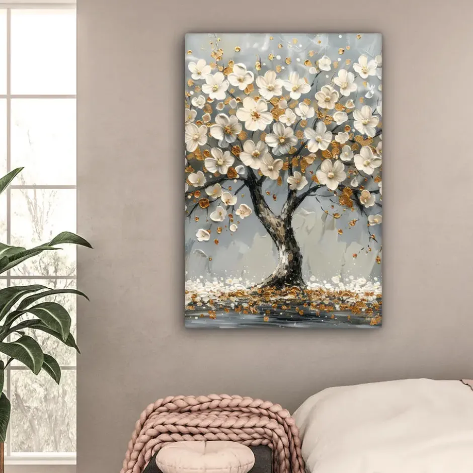 Canvas Schilderij 80x120 cm Boom - Bloemen - Wit - Natuur - Kunst