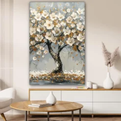 Canvas Schilderij 80x120 cm Boom - Bloemen - Wit - Natuur - Kunst