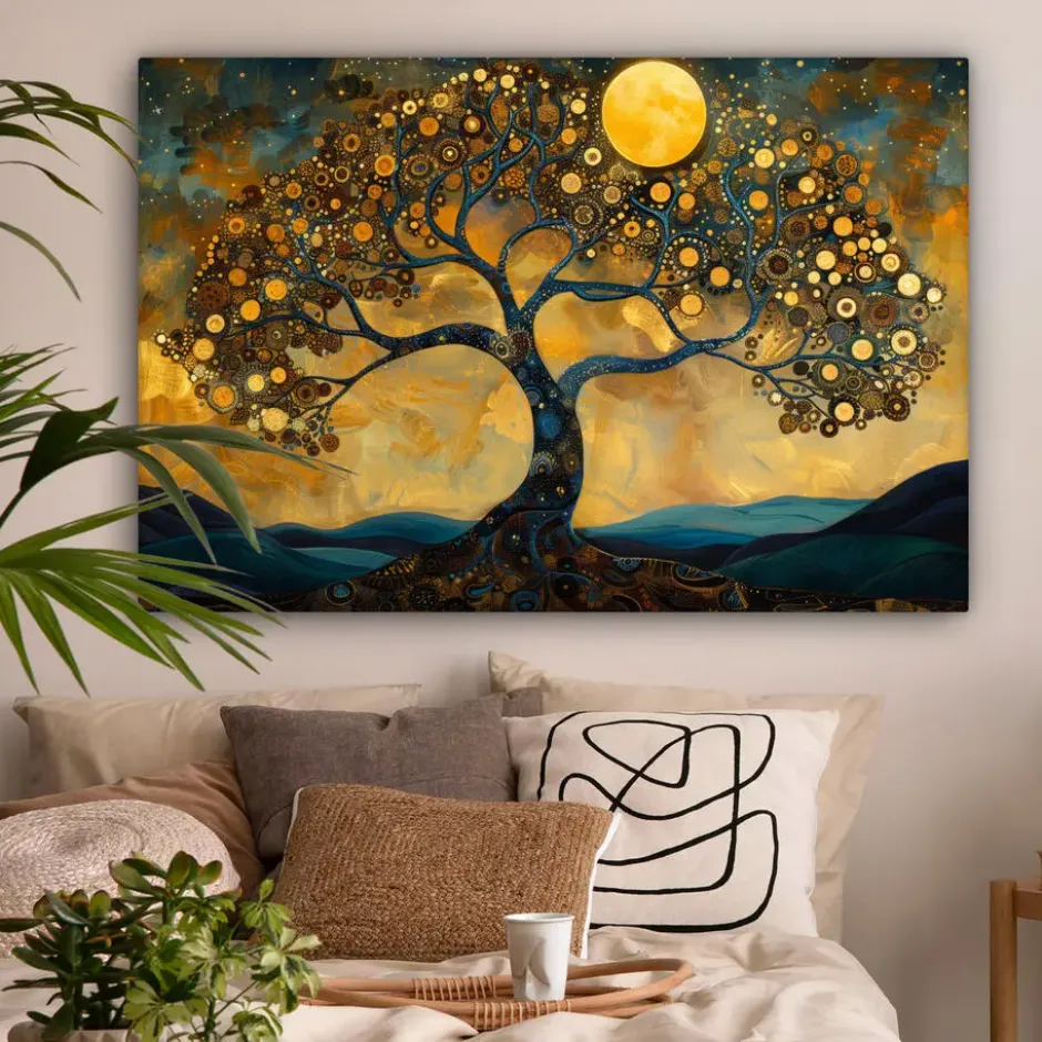 Canvas Schilderij 120x80 cm Boom - Maan - Bloemen - Goud - Kunst