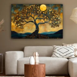 Canvas Schilderij 120x80 cm Boom - Maan - Bloemen - Goud - Kunst