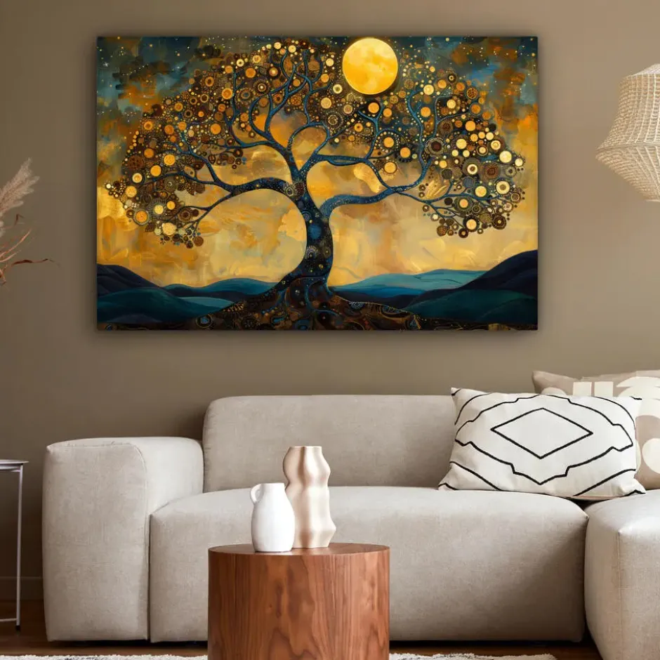 Canvas Schilderij 120x80 cm Boom - Maan - Bloemen - Goud - Kunst