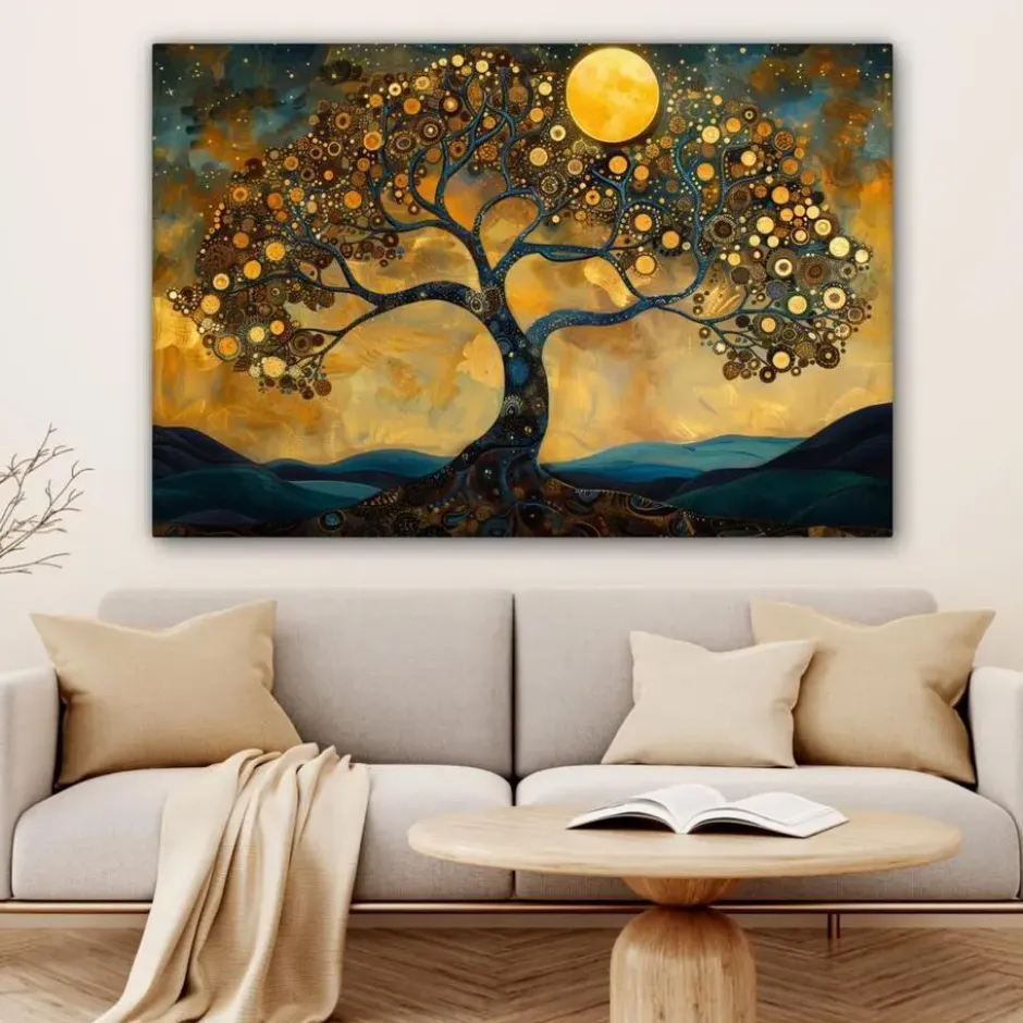 Canvas Schilderij 120x80 cm Boom - Maan - Bloemen - Goud - Kunst