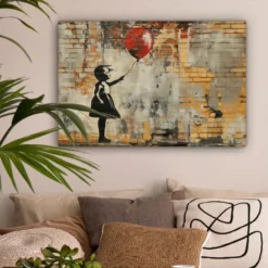 Canvas Schilderij 90x60 cm Graffiti - Banksy - Meisje - Street art