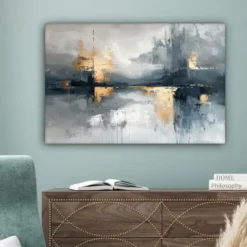 Canvas Schilderij 90x60 cm Kunst - Grijs - Goud - Abstract